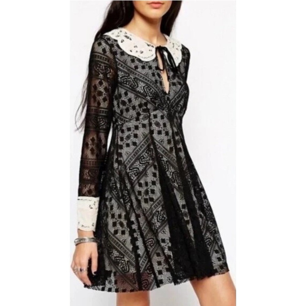 Free People Lace‎ Mini Dress 6 Black Peter Pan Collar Lace Bruno Whimsigoth Goth